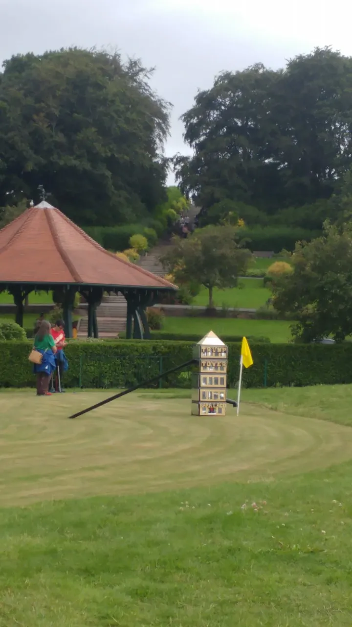 Trumping Tower crazy golf hole on a golf green