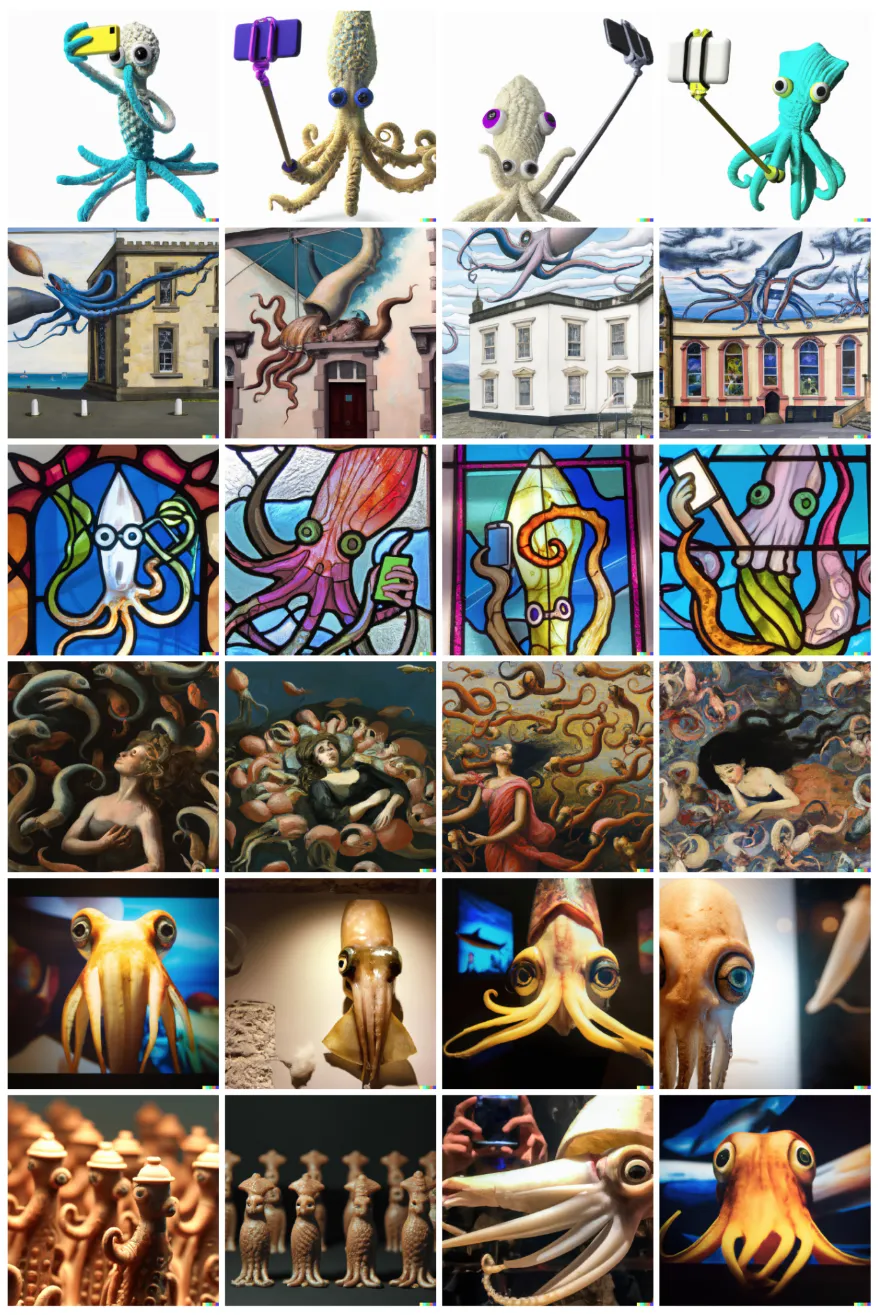 20 images of squid in different art styles
