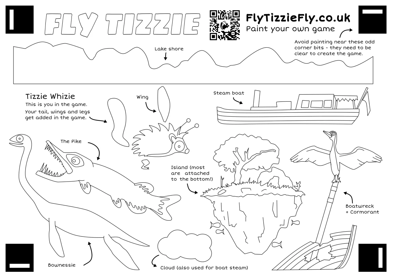 Black and white sheet containing outlines of game characters
