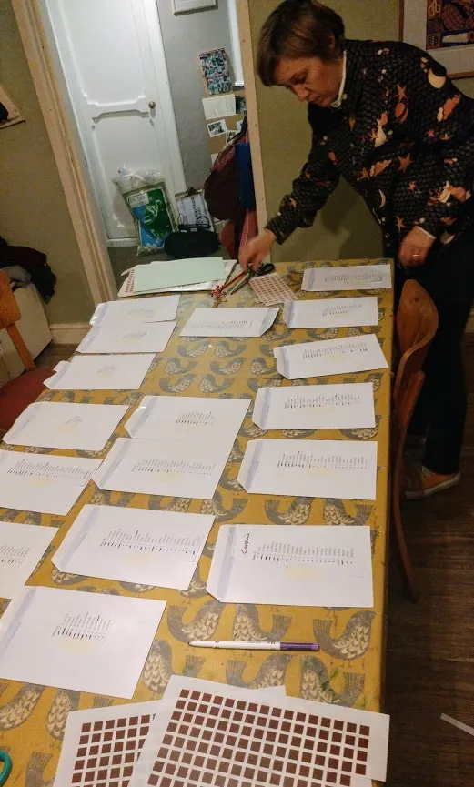 Jennie sorting stickers into packs