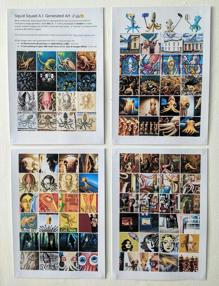 4 sheets of paper on a wall each showing a grid of art pictures