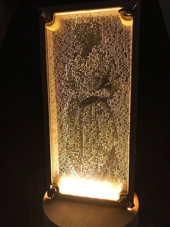 Image of woman shown in glowing letters