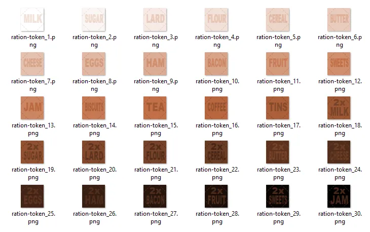 The ration token palette files ready for the printers.