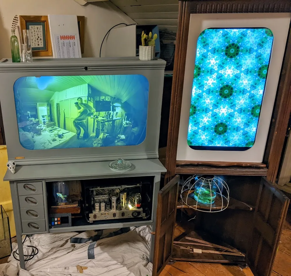 Two screens, the one on the left showing reflected hexagons of pond weed