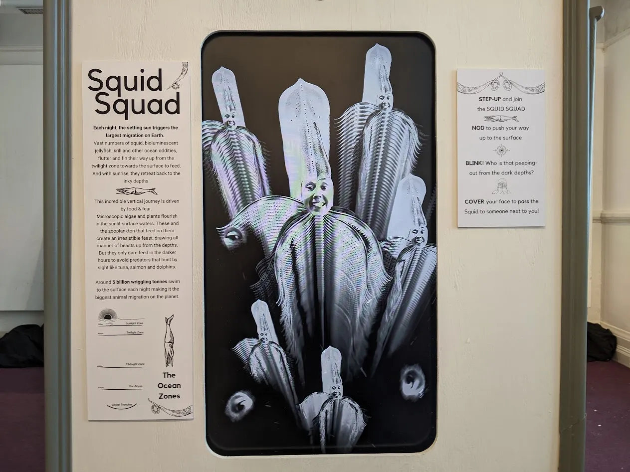 Black screen with white wooden surround.  Showing squid with a human face.