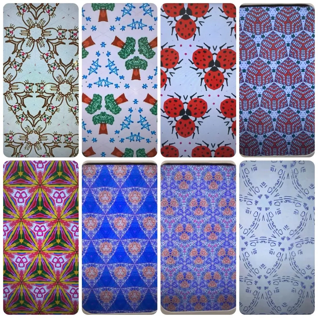 Eight kaleidoscope patterns ranging from trees and ladybirds to abstract colourful tile-like wonders.