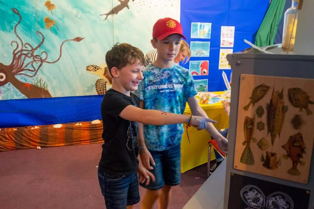Two boys pointing at screen