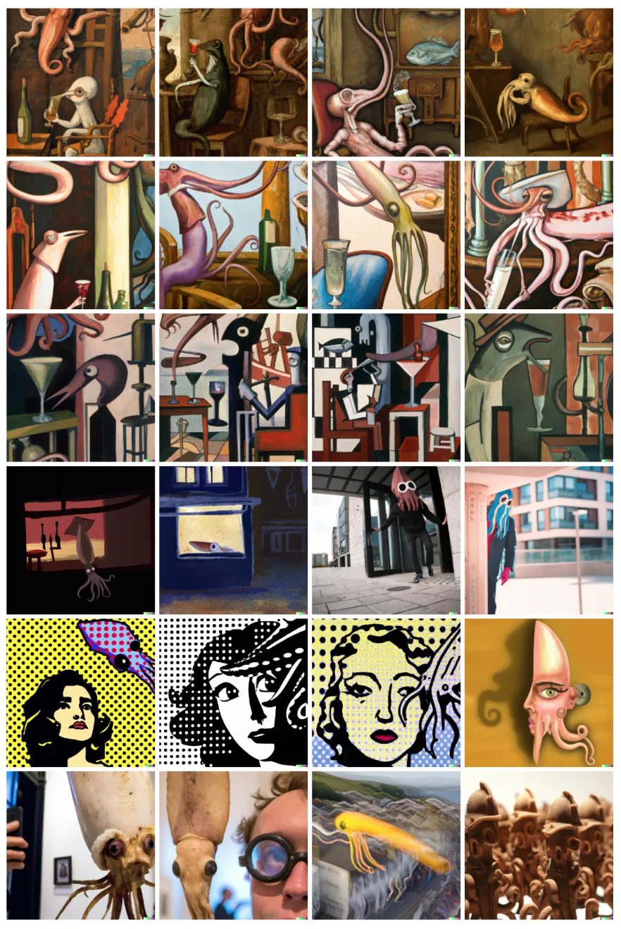 20 images of squid in different art styles
