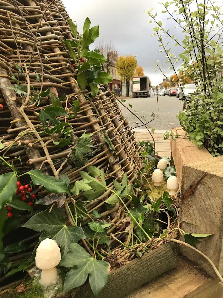 glowing mushrooms behind wooden bar