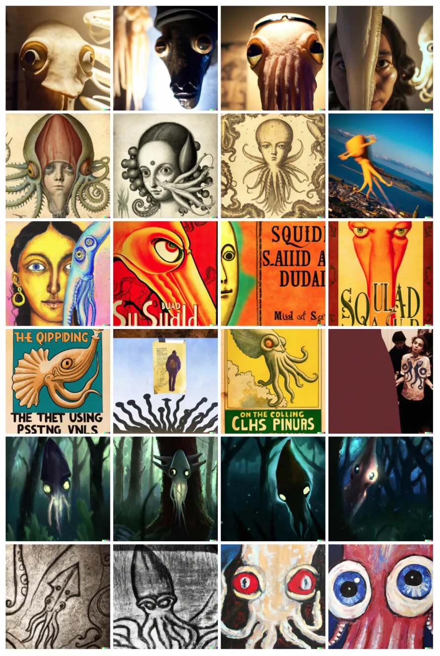 20 images of squid in different art styles