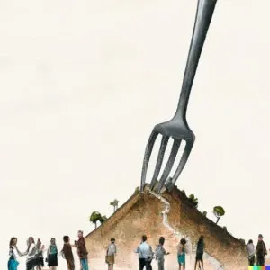 A drawing of a giant table fork stuck in a hill with a path running through the prongs and
people looking up from the base of the hill