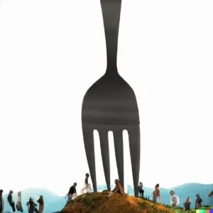 a row of people along the top of a small hill around the prongs of a giant fork which is stuck
in the ground.