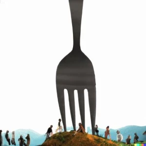 a row of people along the top of a small hill around the prongs of a giant fork which is stuck in the ground.